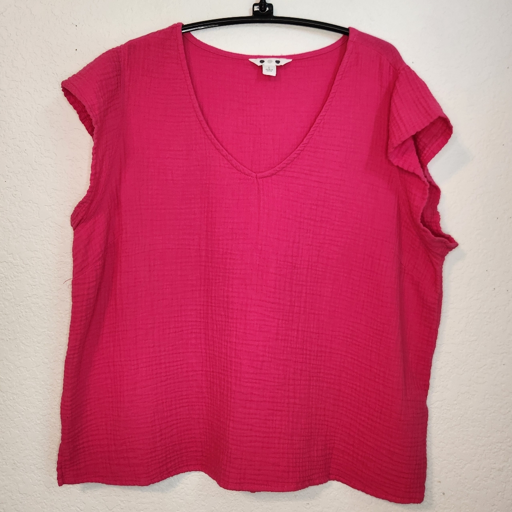 Three Dot Double Gauze Short Sleeve Fuchsia Top, Size L